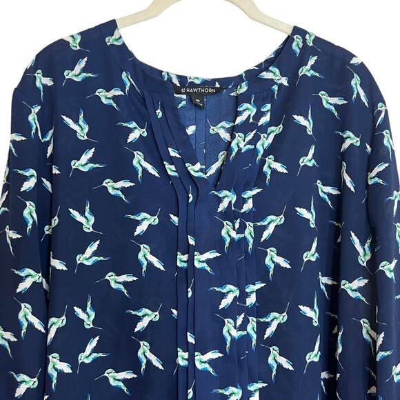 41 Hawthorn Womens Blouse XXL Navy Blue Hummingbird Print Tie Sleeve - Picture 2 of 7